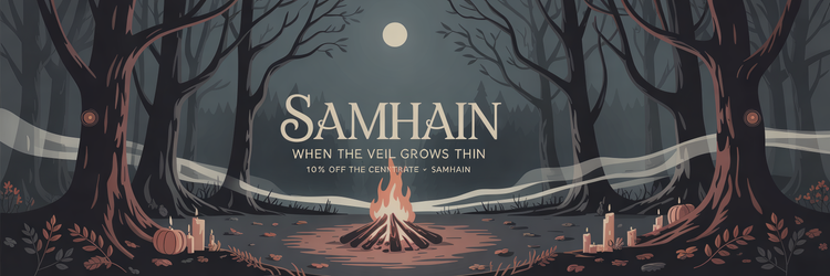 Samhain – When the Veil Grows Thin: misty forest at night with a ritual fire, 10% off the collection, Oct 22 – Nov 2