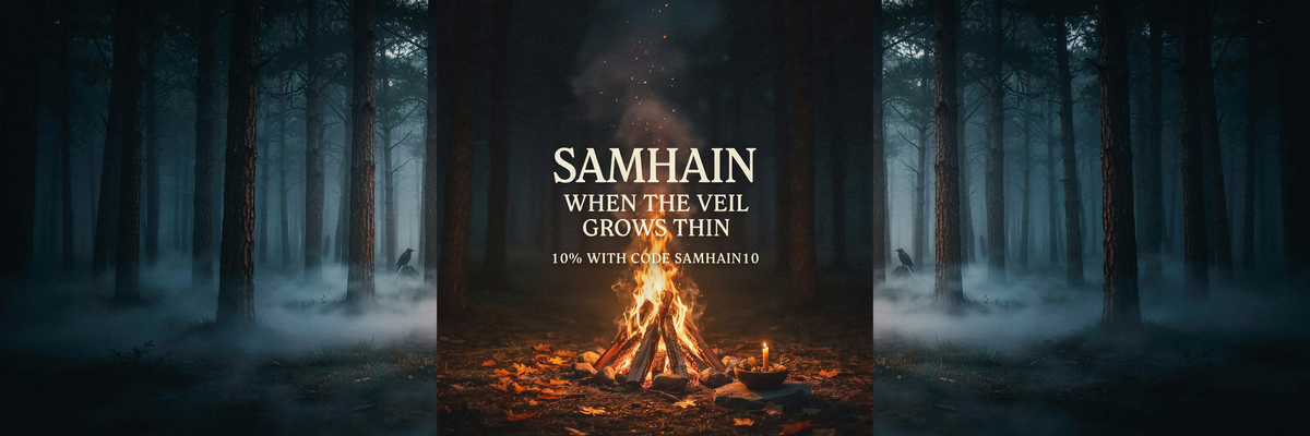 Samhain – When the Veil Grows Thin: misty forest at night with a ritual fire, 10% off with discount code SAMHAIN10